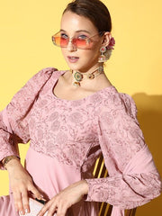 Women Pink Floral Embroidered Thread Work Georgette Anarkali Kurta With Dupatta - Inddus.com
