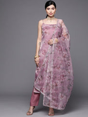 Women Pink Floral Printed Kurta with Trousers & With Dupatta - Inddus.com
