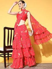 Women Pink Floral Printed Sharara Drape Ruffle Saree with Blouse Piece - Inddus.com