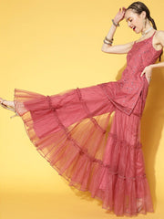 Women Pink Floral Sequinned Embroidered Kurti With Tiered Sharara & Dupatta - Inddus.com