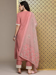 Women Pink Floral Yoke Design Pleated Thread Work Kurta with Trousers & With Dupatta - Inddus.com