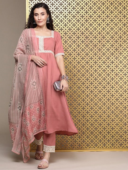 Women Pink Floral Yoke Design Pleated Thread Work Kurta with Trousers & With Dupatta - Inddus.com
