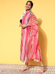 Women Pink Georgette Vacation Stripes Ethnic Dress - Inddus.com