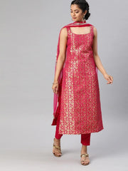 Women Pink & Gold-Toned Woven Straight Cut Suit - Inddus.com