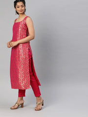 Women Pink & Gold-Toned Woven Straight Cut Suit - Inddus.com