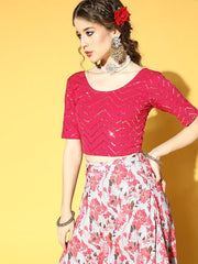 Women Pink & Golden Sequinned Stretchable Slip-On Saree Blouse - Inddus.com
