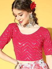 Women Pink & Golden Sequinned Stretchable Slip-On Saree Blouse - Inddus.com