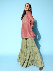 Women Pink & Green Floral Yoke Design High Slit Kurti with Sharara - Inddus.com