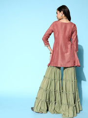 Women Pink & Green Floral Yoke Design High Slit Kurti with Sharara - Inddus.com