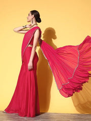 Women Pink Lurex Sharara Drape Ruffle Saree with Blouse Piece - Inddus.com