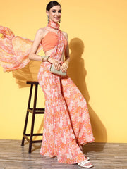 Women Pink Orange Floral Printed Sharara Drape Ruffle Saree with Blouse Piece - Inddus.com