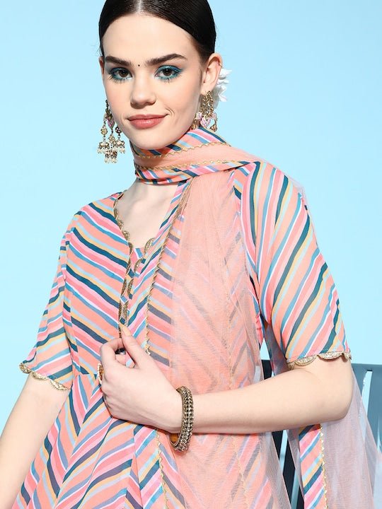 Women Pink Printed Empire Kurta with Trousers & With Dupatta - Inddus.com