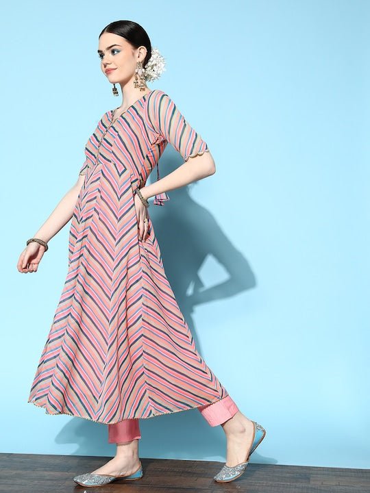 Women Pink Printed Empire Kurta with Trousers & With Dupatta - Inddus.com