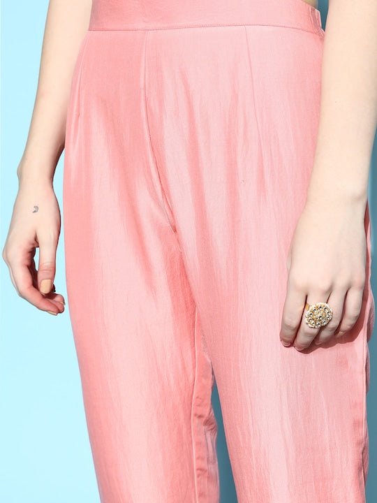 Women Pink Printed Empire Kurta with Trousers & With Dupatta - Inddus.com