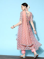 Women Pink Printed Empire Kurta with Trousers & With Dupatta - Inddus.com