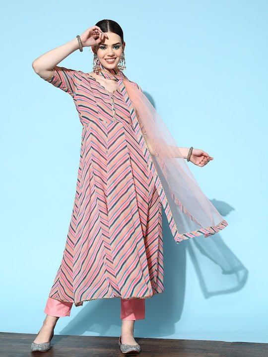 Women Pink Printed Empire Kurta with Trousers & With Dupatta - Inddus.com