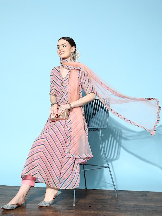 Women Pink Printed Empire Kurta with Trousers & With Dupatta - Inddus.com