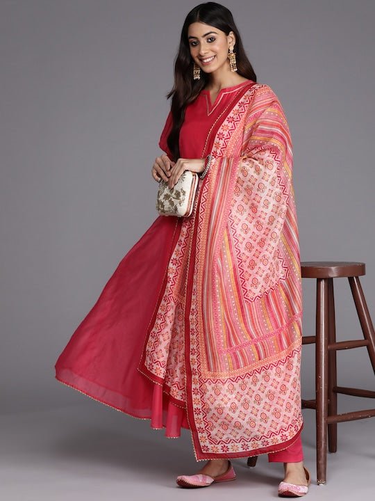Women Pink Printed Gotta Patti Chanderi Cotton Kurta with Trousers & With Dupatta - Inddus.com