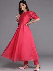Women Pink Printed Gotta Patti Chanderi Cotton Kurta with Trousers & With Dupatta - Inddus.com