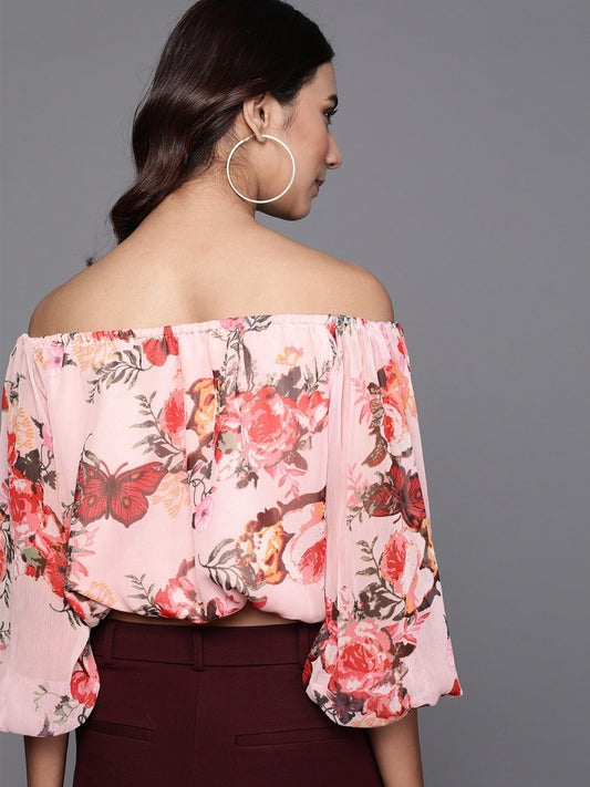 Women Pink & Red Floral Printed Bardot Top