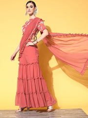 Women Pink Sharara Drape Ruffle Saree with Embroidered Blouse Piece - Inddus.com