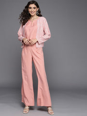 Women Pink Solid Top & Palazzo with Printed Jacket - Inddus.com