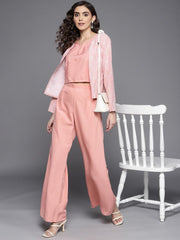 Women Pink Solid Top & Palazzo with Printed Jacket - Inddus.com