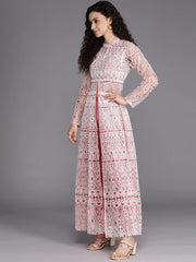 Women Pink & White Embroidered High Slit Thread Work Kurta with Trousers - Inddus.com