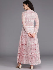 Women Pink & White Embroidered High Slit Thread Work Kurta with Trousers - Inddus.com