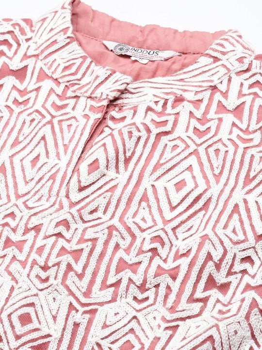 Women Pink & White Embroidered High Slit Thread Work Kurta with Trousers - Inddus.com