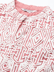 Women Pink & White Embroidered High Slit Thread Work Kurta with Trousers - Inddus.com