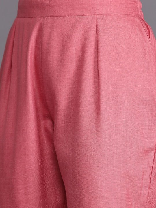 Women Pink & White Embroidered High Slit Thread Work Kurta with Trousers - Inddus.com