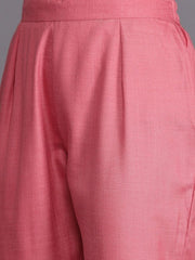 Women Pink & White Embroidered High Slit Thread Work Kurta with Trousers - Inddus.com