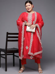 Women Pink & White Ethnic Motifs Embroidered Kurta with Trousers & Dupatta - Inddus.com