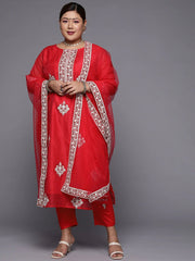 Women Pink & White Ethnic Motifs Embroidered Kurta with Trousers & Dupatta - Inddus.com