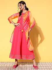 Women Pink Yellow Anarkali Kurta with Digital Print Tie up Jacket - Inddus.com