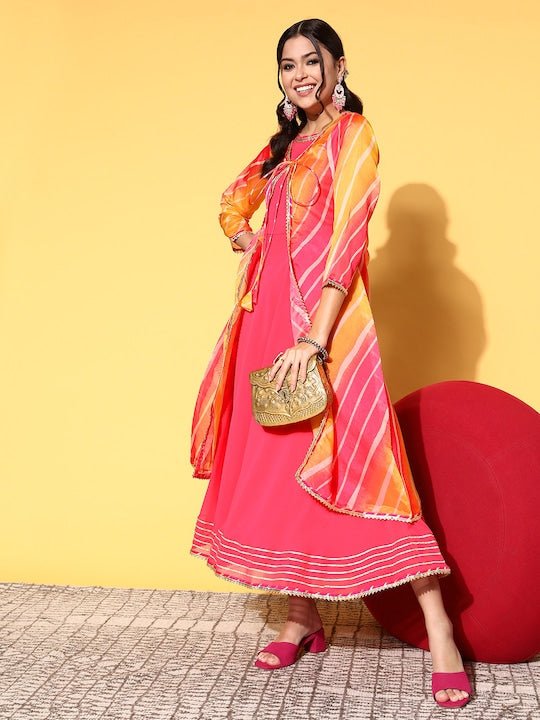 Women Pink Yellow Anarkali Kurta with Digital Print Tie up Jacket - Inddus.com