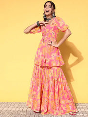 Women Pink Yellow Floral Printed Kurti With Sharara - Inddus.com