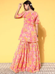 Women Pink Yellow Floral Printed Kurti With Sharara - Inddus.com