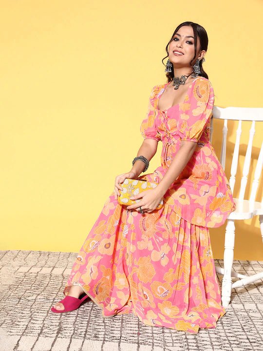 Women Pink Yellow Floral Printed Kurti With Sharara - Inddus.com