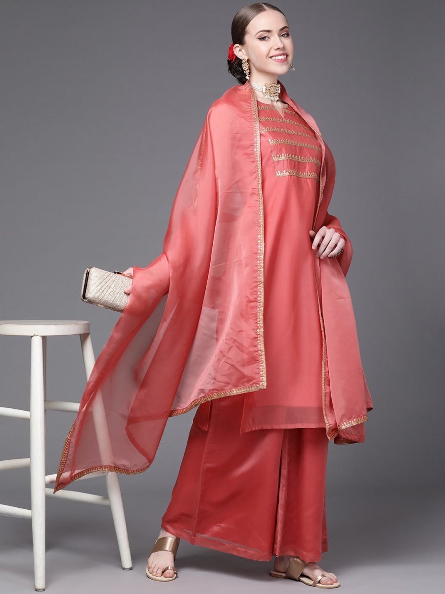Women Pink Yoke Design Sequinned Kurta with Palazzos & Dupatta - Inddus.com