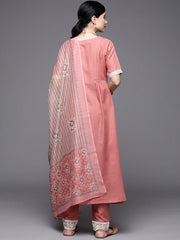Women Pink Yoke Design Thread Work Kurta with Trousers & With Dupatta - Inddus.com