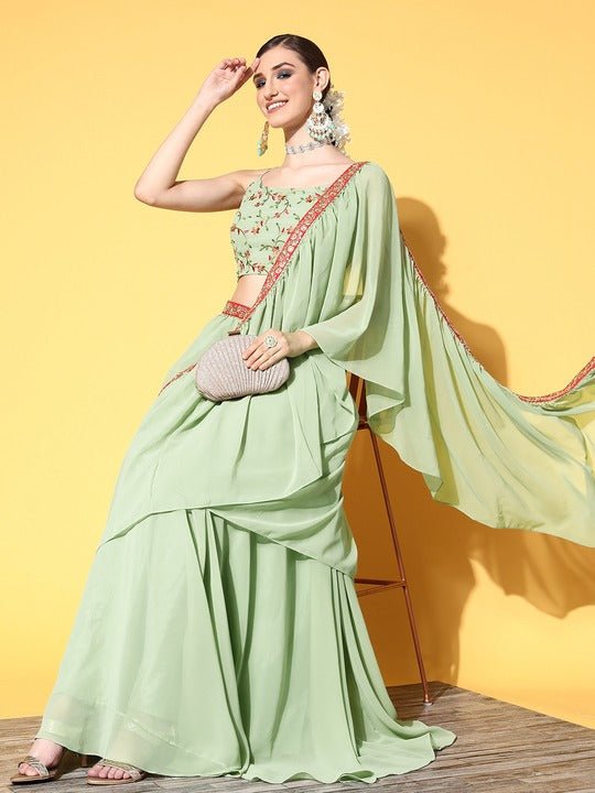 Women Pista Green Lehenga Drape Ruffle Saree with Floral Embroidered Blouse Piece - Inddus.com