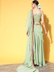 Women Pista Green Lehenga Drape Ruffle Saree with Floral Embroidered Blouse Piece - Inddus.com