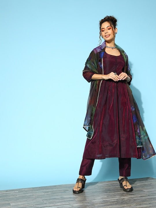 Women Pleated Chanderi Cotton Kurta with Trousers & With Dupatta - Inddus.com
