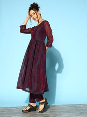 Women Pleated Chanderi Cotton Kurta with Trousers & With Dupatta - Inddus.com