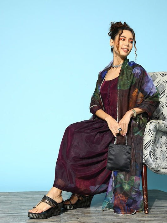 Women Pleated Chanderi Cotton Kurta with Trousers & With Dupatta - Inddus.com