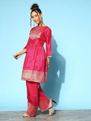 Women Pleated Kurta with Trousers & With Dupatta - Inddus.com