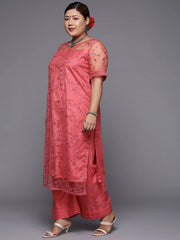 Women Plus Size Coral Pink Floral Sequinned Kurta with Palazzos & Dupatta - Inddus.com