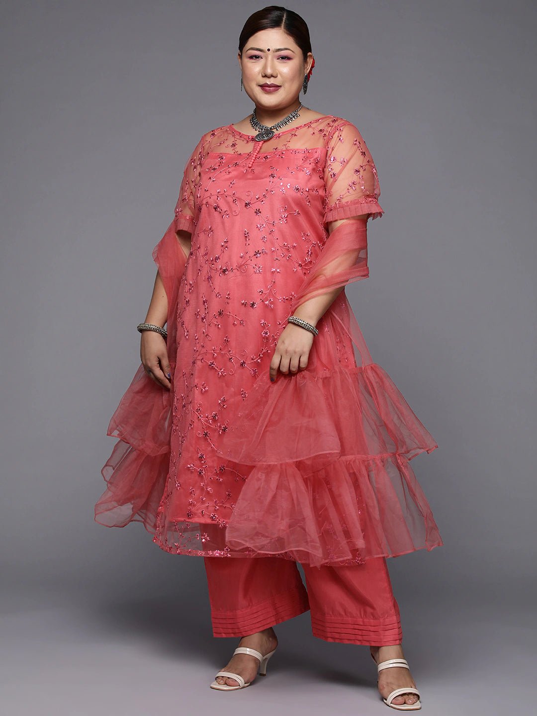 Women Plus Size Coral Pink Floral Sequinned Kurta with Palazzos & Dupatta - Inddus.com